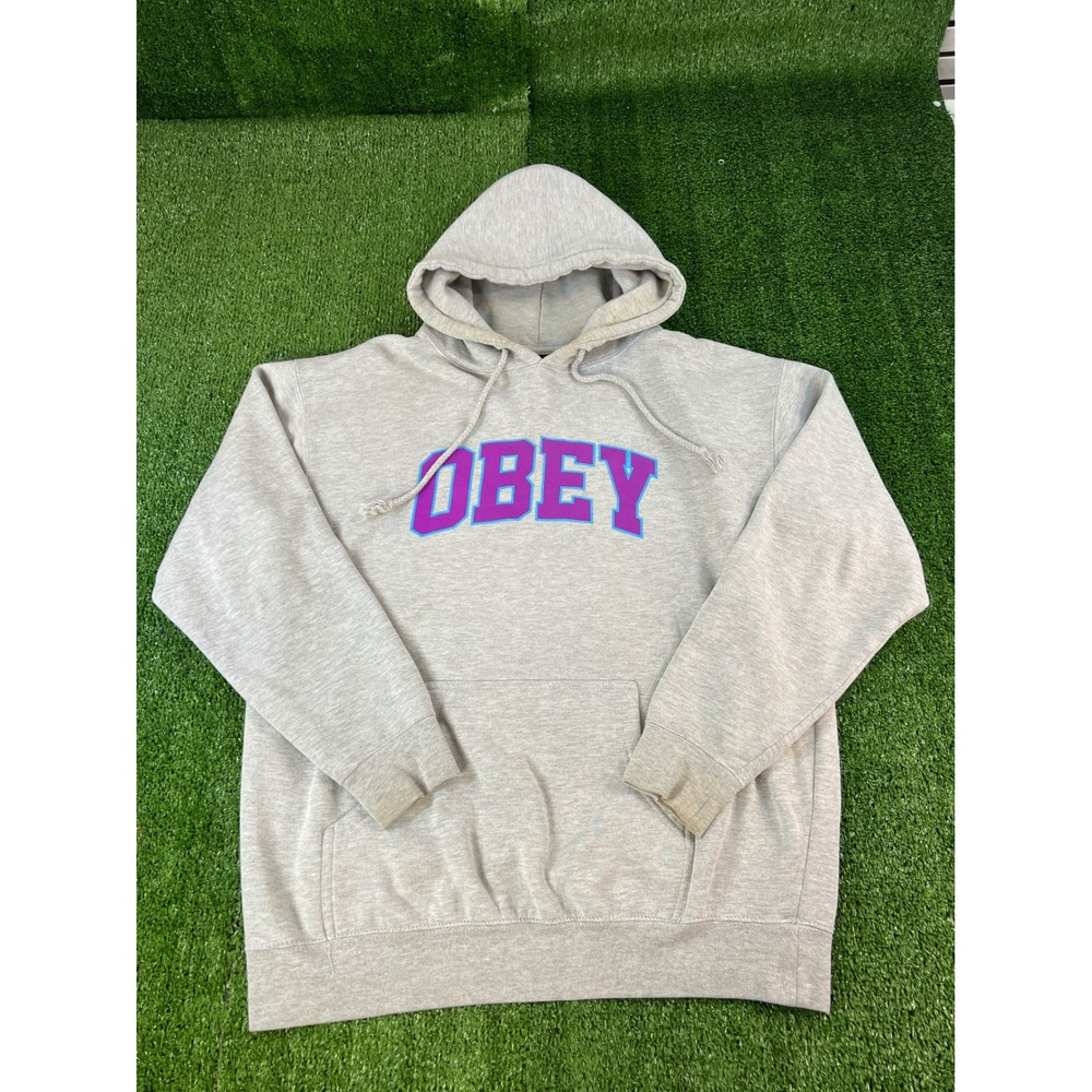 Obey‎ Worldwide Mens LG Heather Gray Purple Arched Logo Graphic Pullover Hoodie